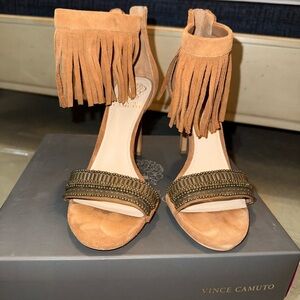 Vince Camuto Tan Heels with Fringe Detail